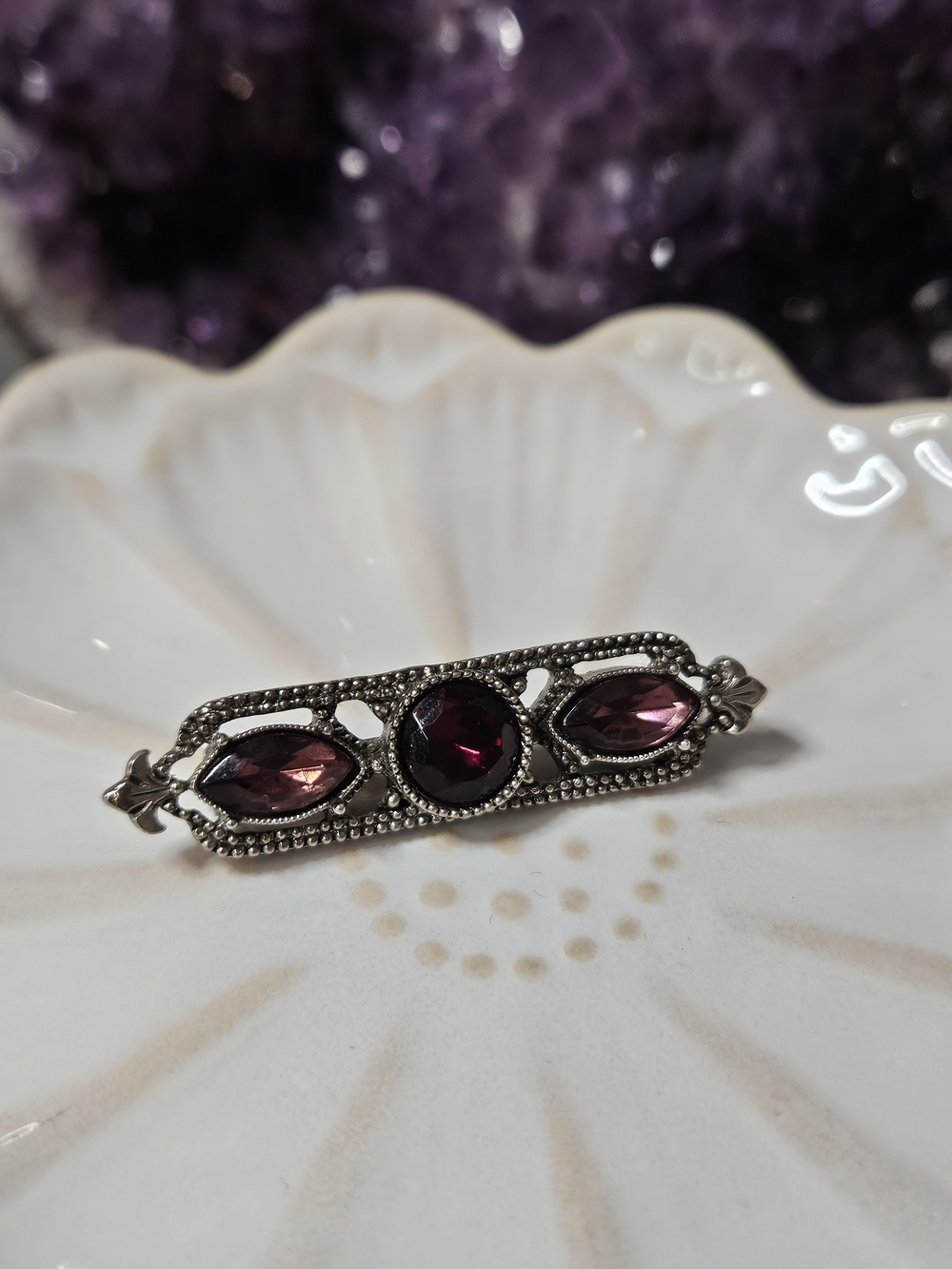 Vintage Silver Bar Pin with Garnet